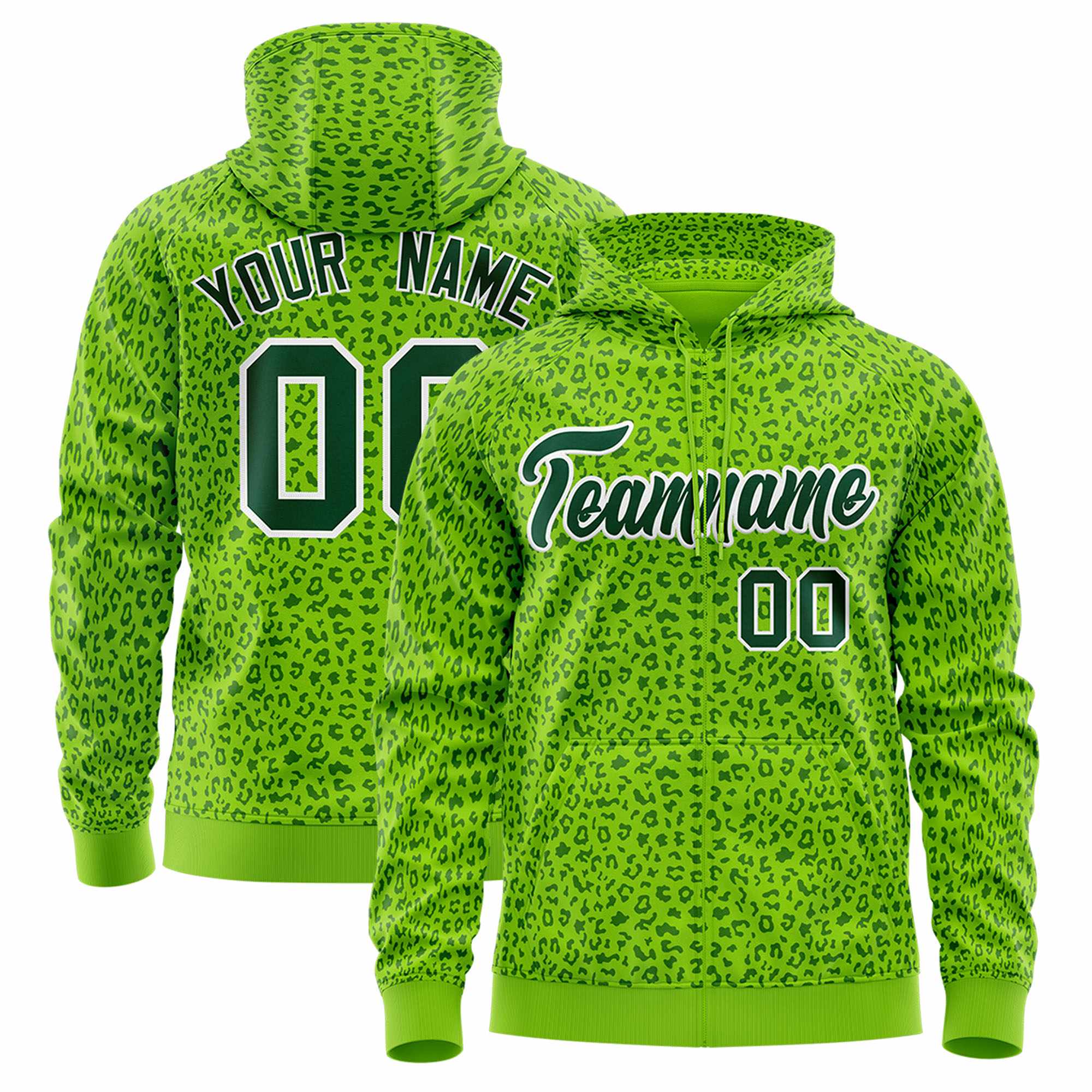 Custom White Neon Green Varsity Full-Zip Letterman Leopard Print Jacket Hoodie