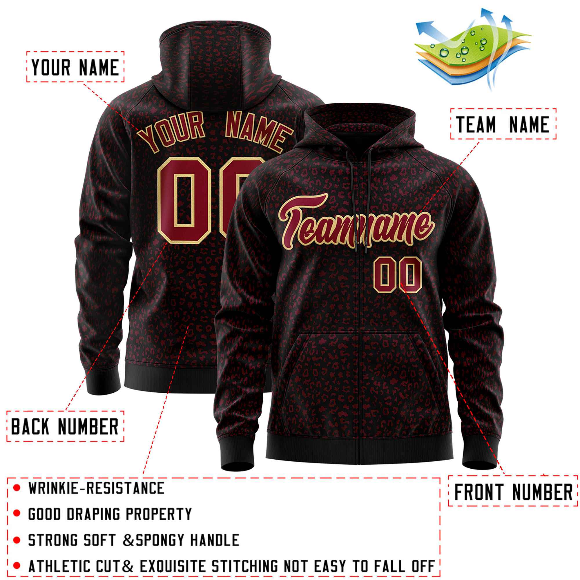 Custom Black Crimson Varsity Full-Zip Letterman Leopard Print Jacket Hoodie