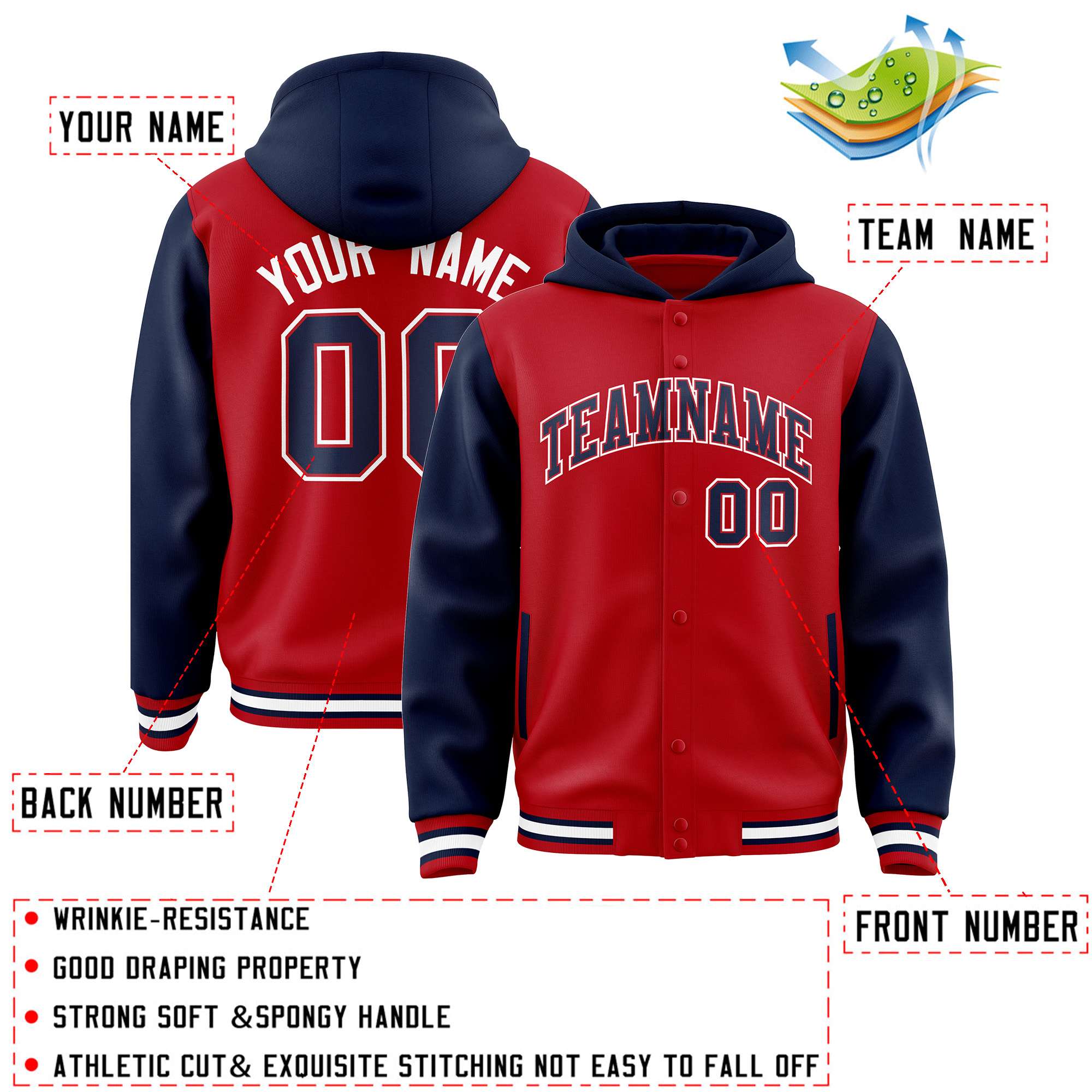 Custom Red Navy Raglan Sleeves Varsity Full-Snap Letterman Two Tone Jacket Hoodie