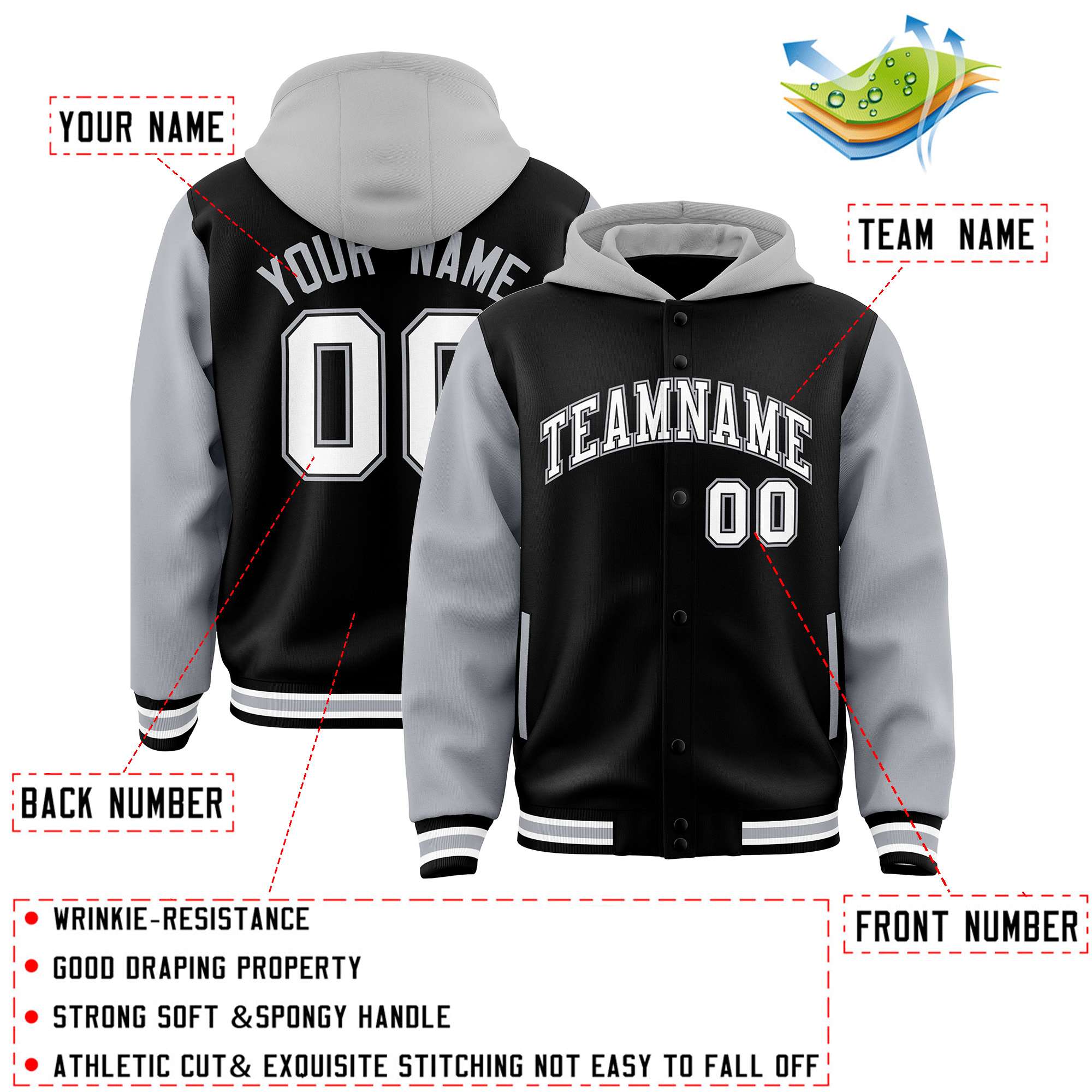 Custom Black Gray Raglan Sleeves Varsity Full-Snap Letterman Two Tone Jacket Hoodie