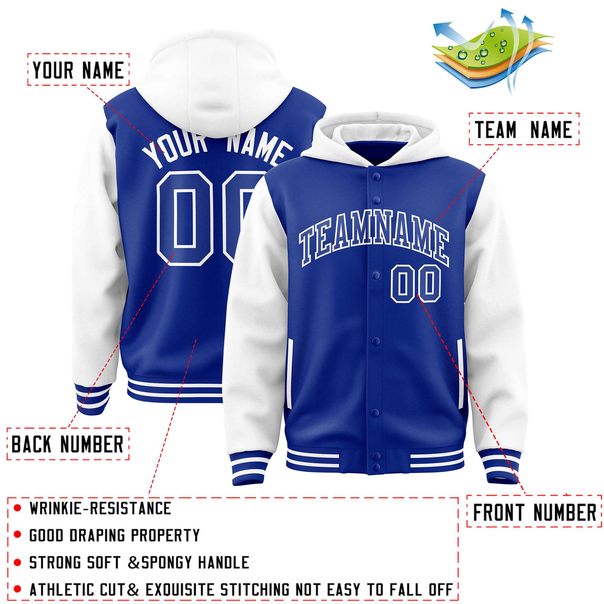 Custom Royal White Raglan Sleeves Varsity Full-Snap Letterman Two Tone Jacket Hoodie
