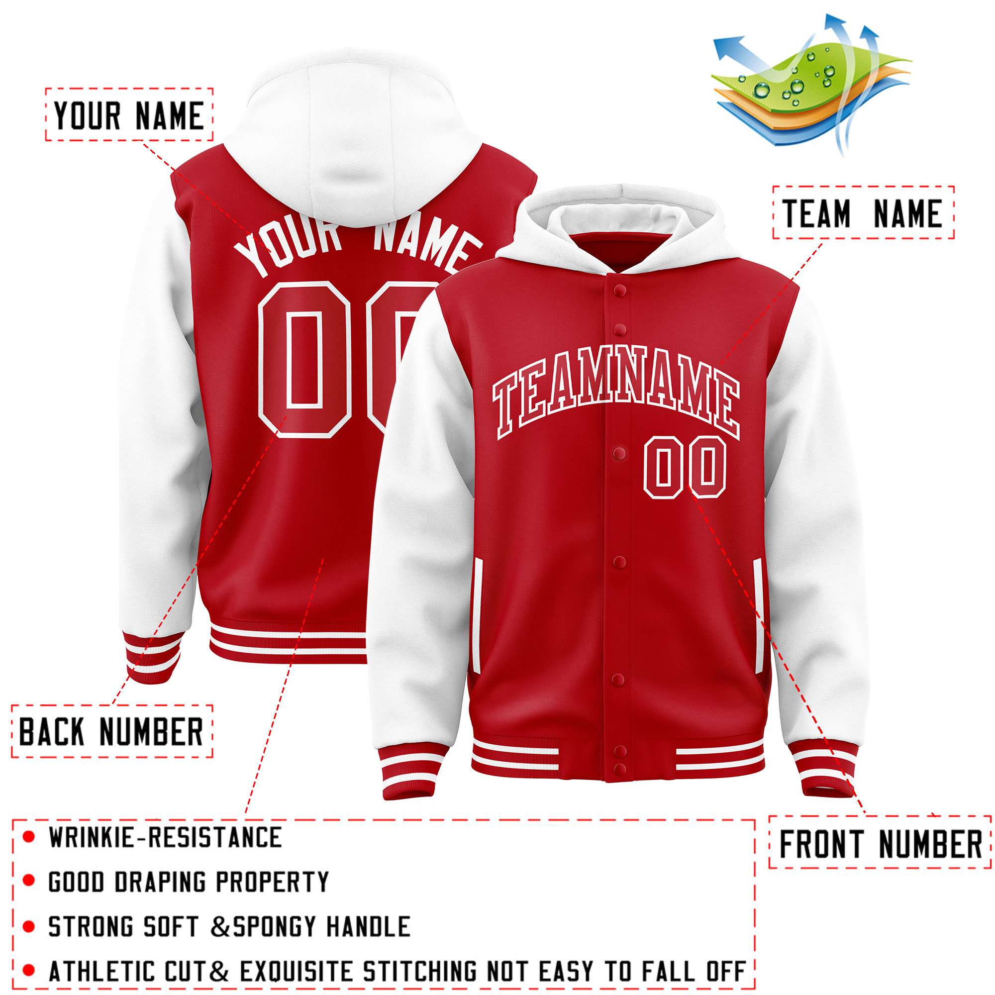 Custom Red White Raglan Sleeves Varsity Full-Snap Letterman Two Tone Jacket Hoodie