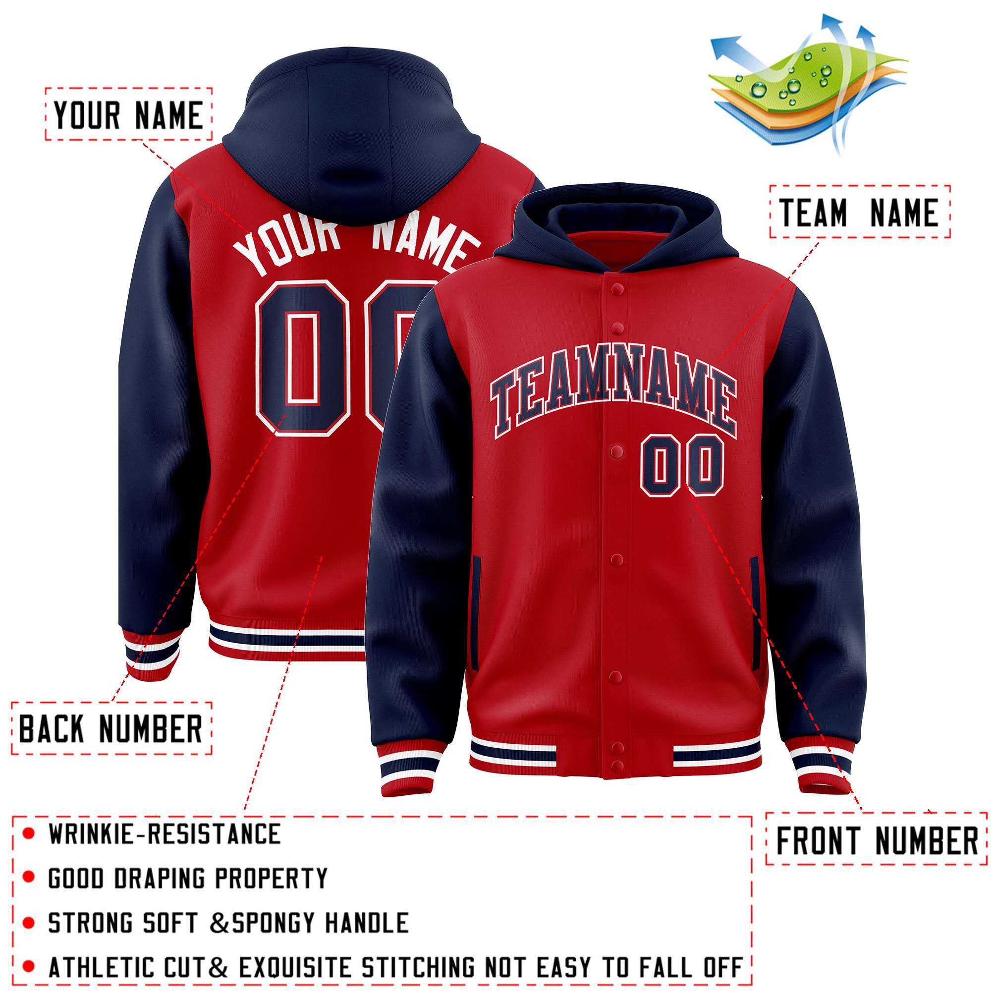 Custom Red Navy Raglan Sleeves Varsity Full-Snap Letterman Two Tone Jacket Hoodie