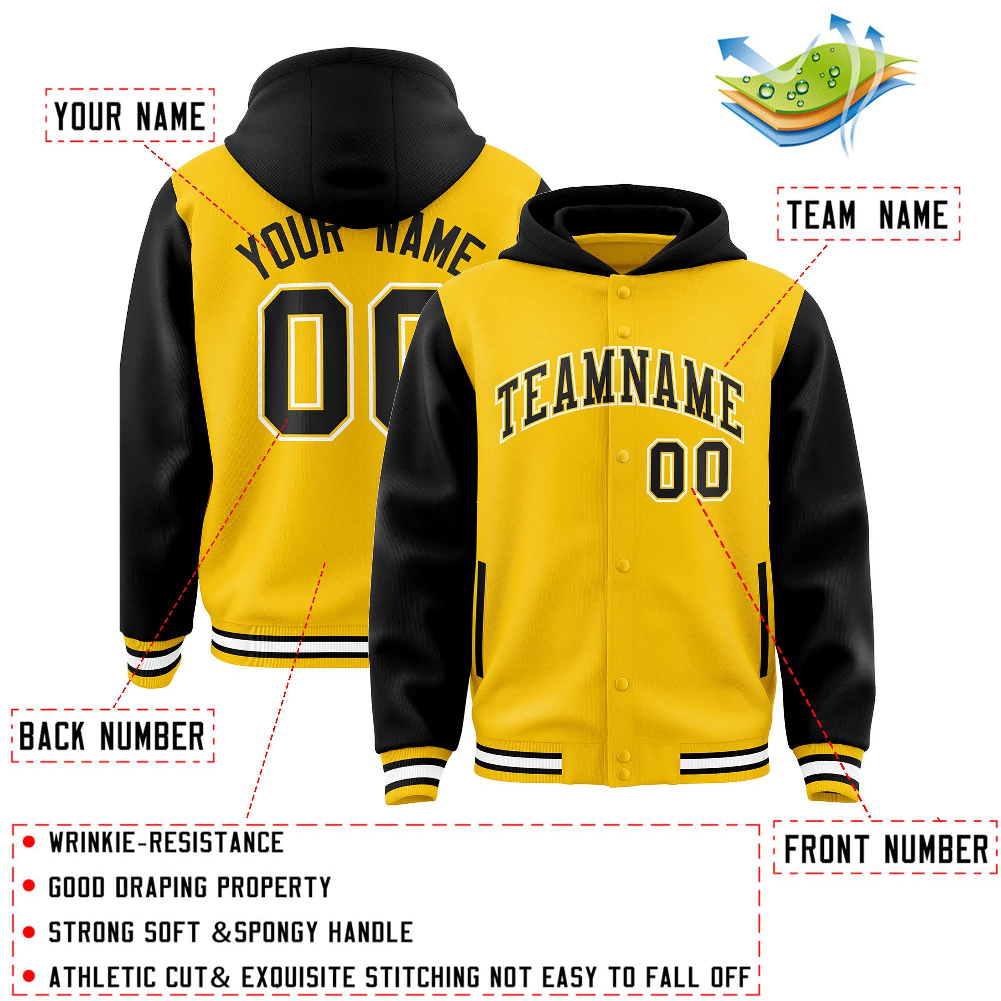 Custom Gold Black Raglan Sleeves Varsity Full-Snap Letterman Two Tone Jacket Hoodie