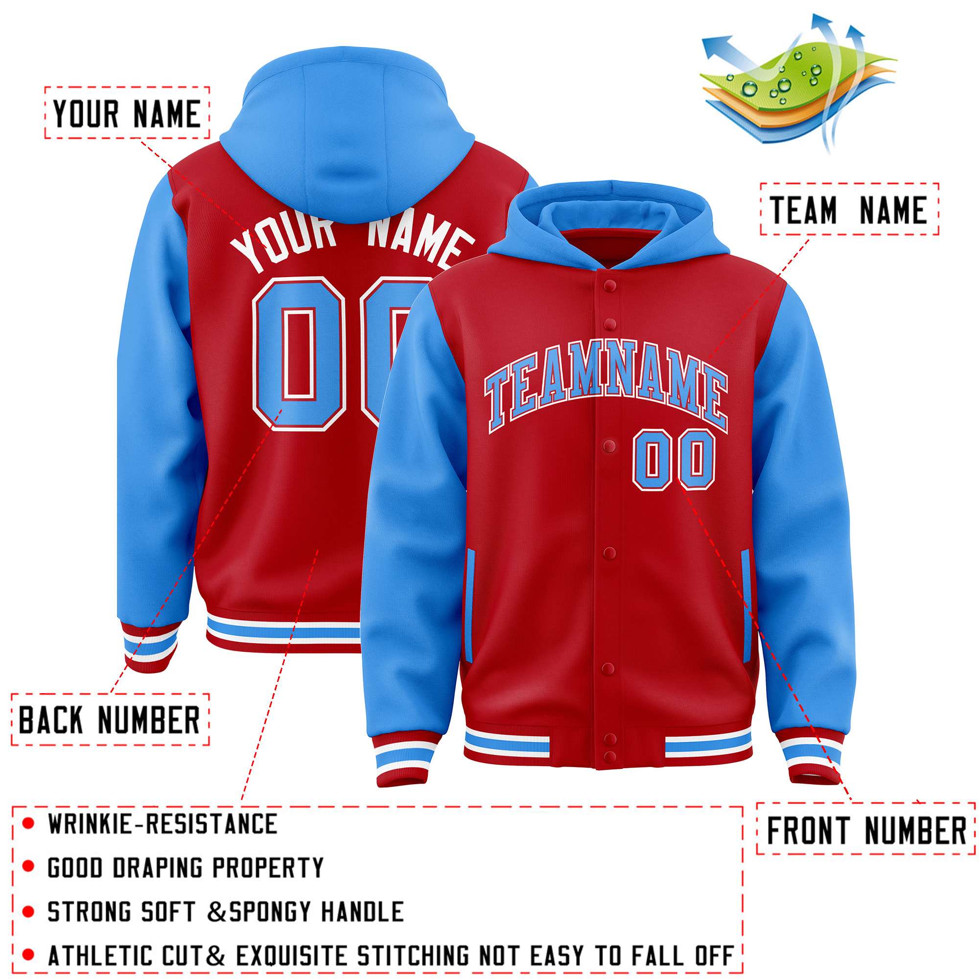 Custom Red Powder Blue Raglan Sleeves Varsity Full-Snap Letterman Two Tone Jacket Hoodie