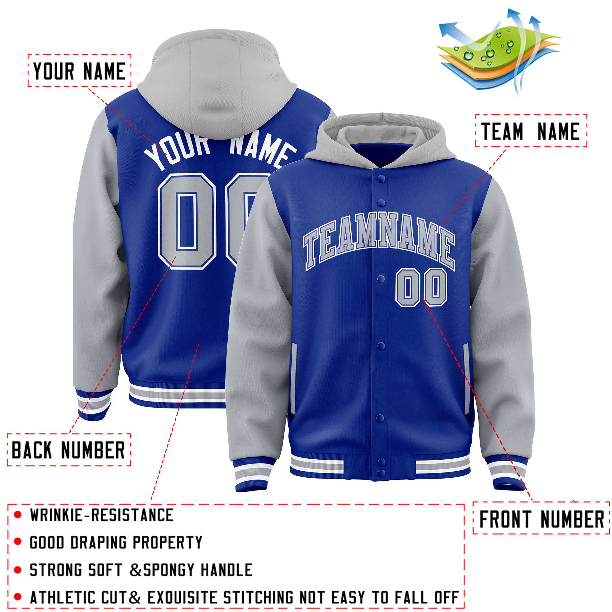 Custom Royal Gray Raglan Sleeves Varsity Full-Snap Letterman Two Tone Jacket Hoodie