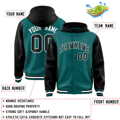 Custom Aqua Black Raglan Sleeves Varsity Full-Snap Letterman Two Tone Jacket Hoodie