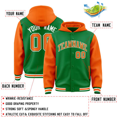 Custom Kelly Green Orange Raglan Sleeves Varsity Full-Snap Letterman Two Tone Jacket Hoodie