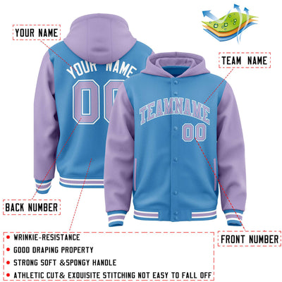Custom Powder Blue Light Purple Raglan Sleeves Varsity Full-Snap Letterman Two Tone Jacket Hoodie