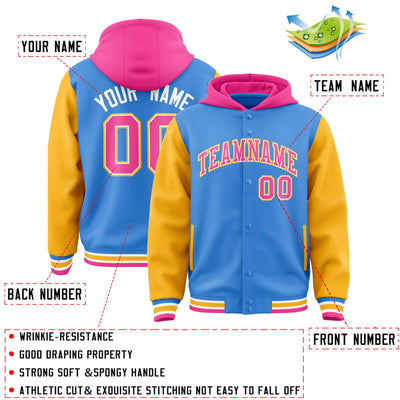 Custom Powder Blue Gold-Pink Raglan Sleeves Varsity Full-Snap Letterman Two Tone Jacket Hoodie