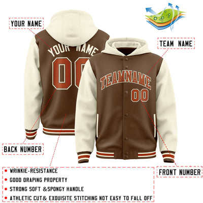 Custom Light Brown Cream Raglan Sleeves Varsity Full-Snap Letterman Two Tone Jacket Hoodie