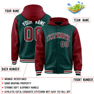 Custom Midnight Green Crimson Raglan Sleeves Varsity Full-Snap Letterman Two Tone Jacket Hoodie