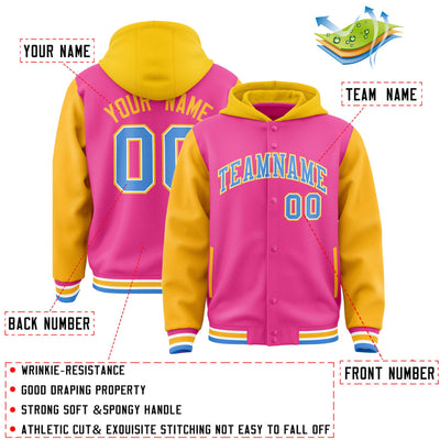 Custom Pink Gold Raglan Sleeves Varsity Full-Snap Letterman Two Tone Jacket Hoodie