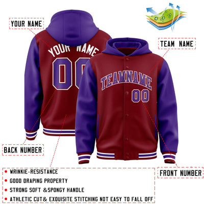 Custom Crimson Purple Raglan Sleeves Varsity Full-Snap Letterman Two Tone Jacket Hoodie