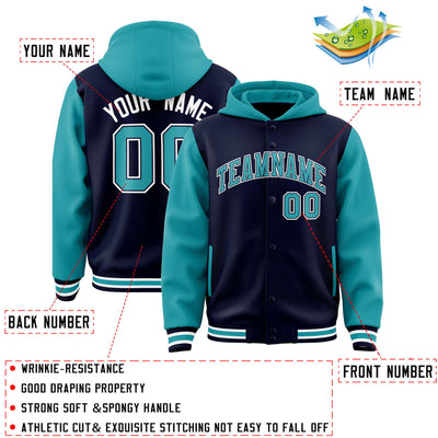 Custom Navy Aqua Raglan Sleeves Varsity Full-Snap Letterman Two Tone Jacket Hoodie