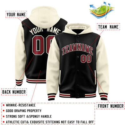 Custom Black Cream Raglan Sleeves Varsity Full-Snap Letterman Two Tone Jacket Hoodie