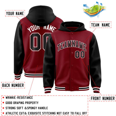 Custom Crimson Black Raglan Sleeves Varsity Full-Snap Letterman Two Tone Jacket Hoodie