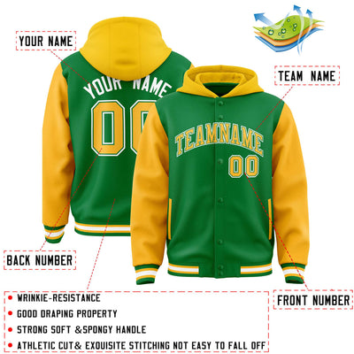 Custom Kelly Green Gold Raglan Sleeves Varsity Full-Snap Letterman Two Tone Jacket Hoodie