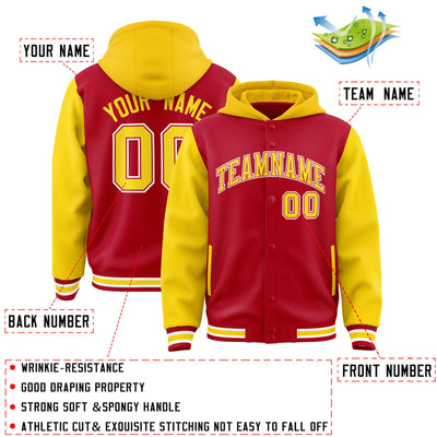 Custom Red Gold Raglan Sleeves Varsity Full-Snap Letterman Two Tone Jacket Hoodie