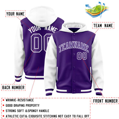 Custom Purple White Raglan Sleeves Varsity Full-Snap Letterman Two Tone Jacket Hoodie