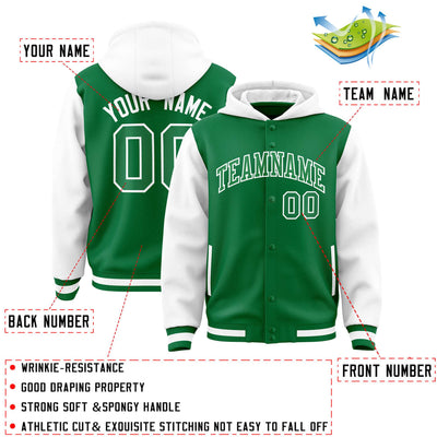 Custom Kelly Green White Raglan Sleeves Varsity Full-Snap Letterman Two Tone Jacket Hoodie