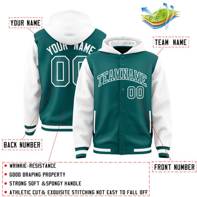 Custom Aqua White Raglan Sleeves Varsity Full-Snap Letterman Two Tone Jacket Hoodie