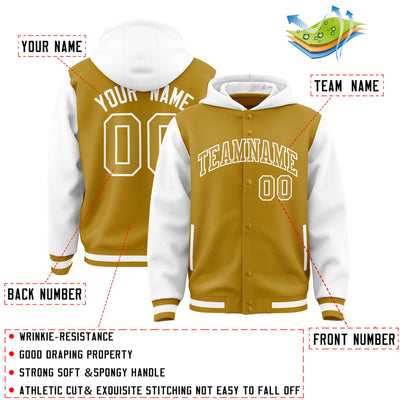 Custom Old Gold White Raglan Sleeves Varsity Full-Snap Letterman Two Tone Jacket Hoodie