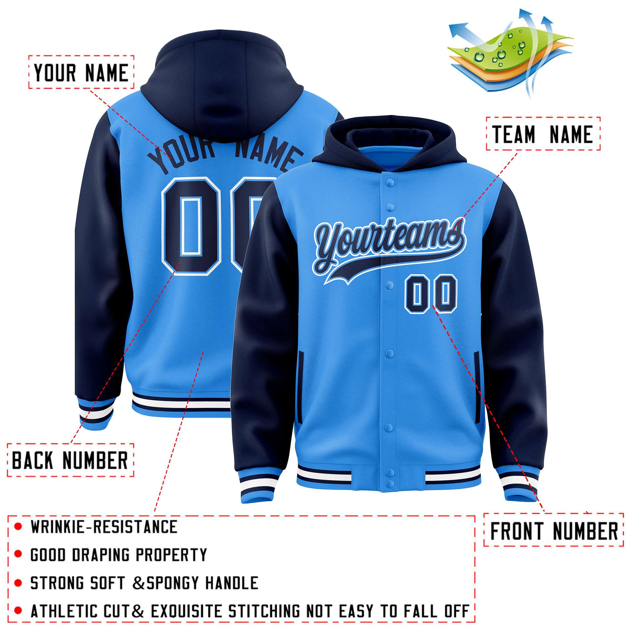 Custom Powder Blue Navy Raglan Sleeves Varsity Full-Snap Letterman Two Tone Jacket Hoodie