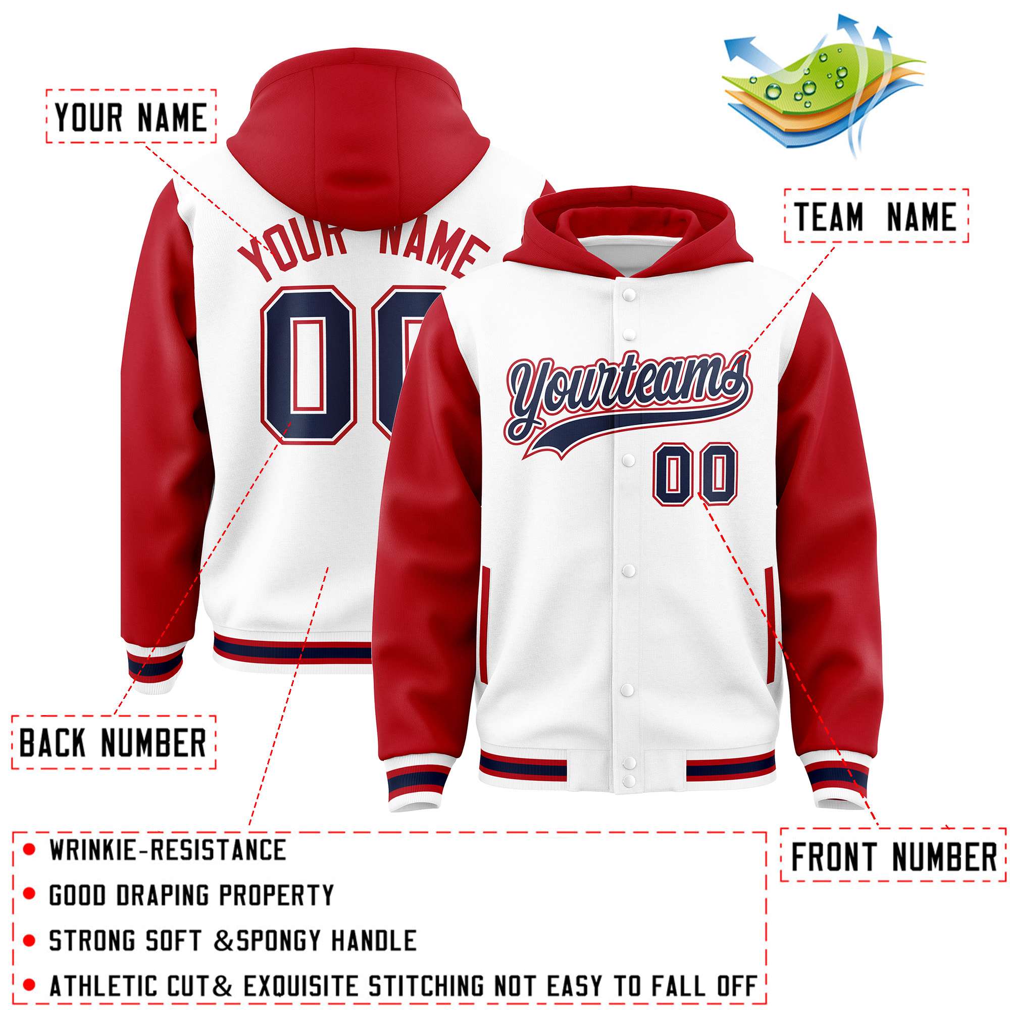 Custom White Red Raglan Sleeves Varsity Full-Snap Letterman Two Tone Jacket Hoodie