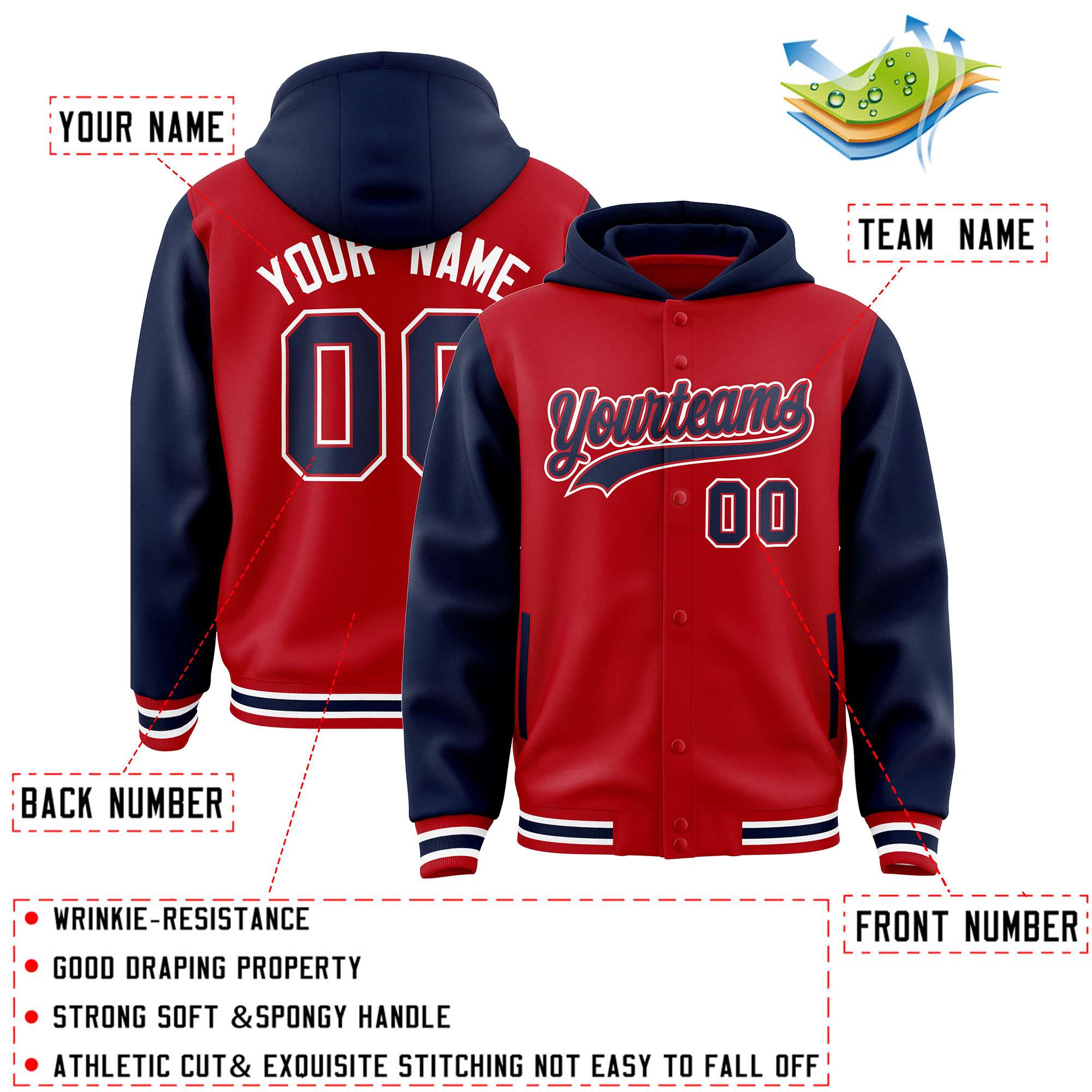 Custom Red Navy Raglan Sleeves Varsity Full-Snap Letterman Two Tone Jacket Hoodie