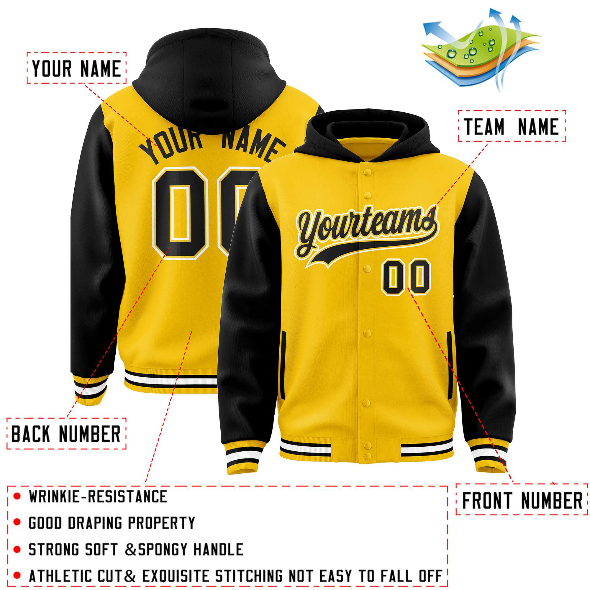 Custom Gold Black Raglan Sleeves Varsity Full-Snap Letterman Two Tone Jacket Hoodie