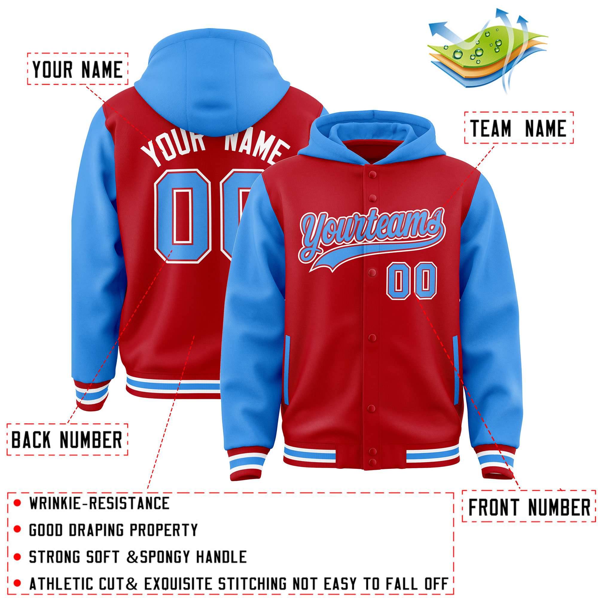 Custom Red Powder Blue Raglan Sleeves Varsity Full-Snap Letterman Two Tone Jacket Hoodie
