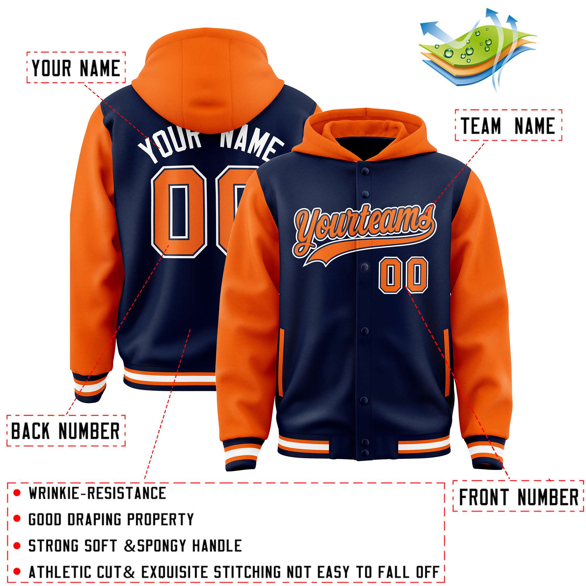 Custom Navy Orange Raglan Sleeves Varsity Full-Snap Letterman Two Tone Jacket Hoodie