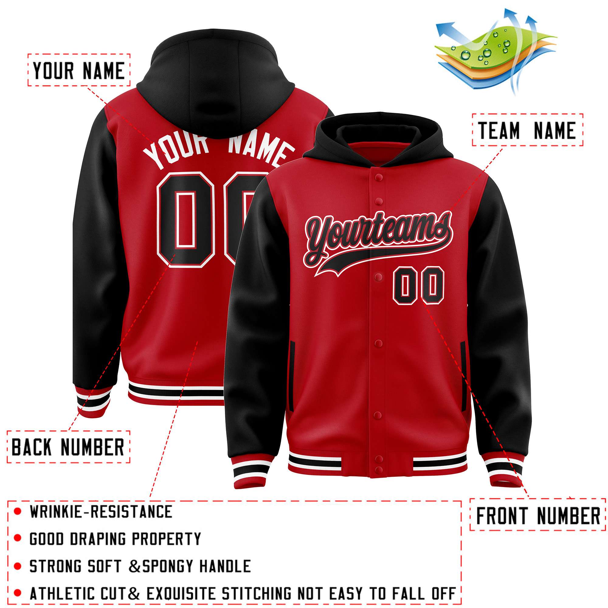 Custom Red Black Raglan Sleeves Varsity Full-Snap Letterman Two Tone Jacket Hoodie