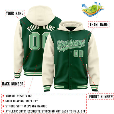 Custom Green Cream Raglan Sleeves Varsity Full-Snap Letterman Two Tone Jacket Hoodie