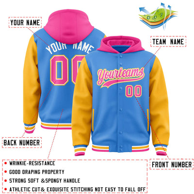 Custom Powder Blue Gold-Pink Raglan Sleeves Varsity Full-Snap Letterman Two Tone Jacket Hoodie