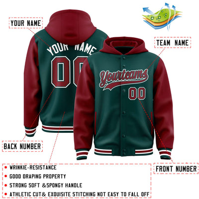 Custom Midnight Green Crimson Raglan Sleeves Varsity Full-Snap Letterman Two Tone Jacket Hoodie