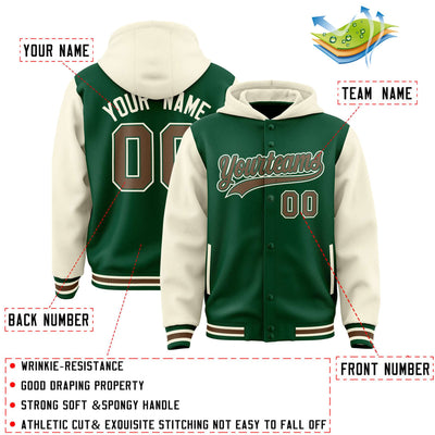 Custom Green Cream Raglan Sleeves Varsity Full-Snap Letterman Two Tone Jacket Hoodie