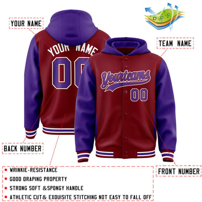 Custom Crimson Purple Raglan Sleeves Varsity Full-Snap Letterman Two Tone Jacket Hoodie