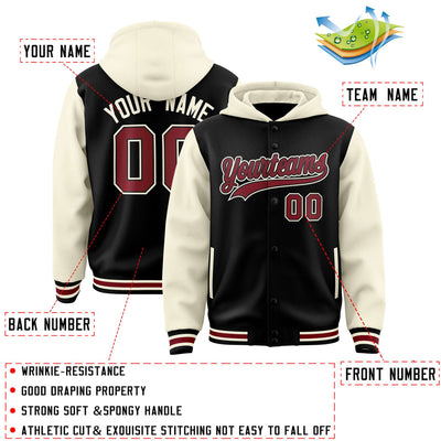 Custom Black Cream Raglan Sleeves Varsity Full-Snap Letterman Two Tone Jacket Hoodie