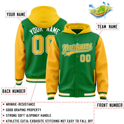 Custom Kelly Green Gold Raglan Sleeves Varsity Full-Snap Letterman Two Tone Jacket Hoodie