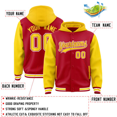 Custom Red Gold Raglan Sleeves Varsity Full-Snap Letterman Two Tone Jacket Hoodie