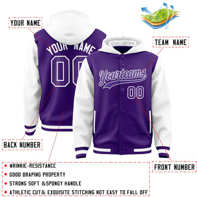 Custom Purple White Raglan Sleeves Varsity Full-Snap Letterman Two Tone Jacket Hoodie