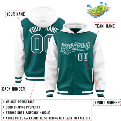 Custom Aqua White Raglan Sleeves Varsity Full-Snap Letterman Two Tone Jacket Hoodie