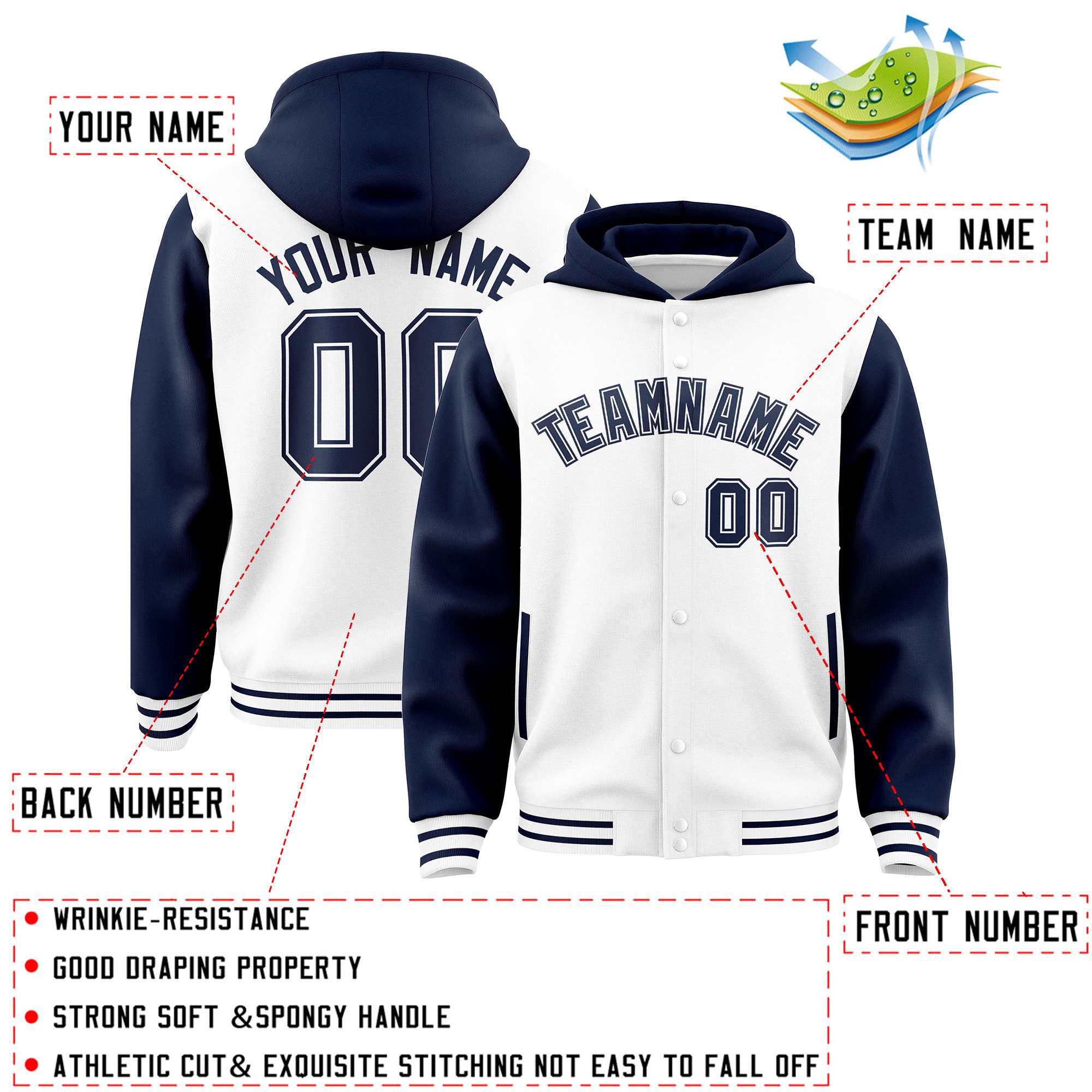 Custom White Navy Raglan Sleeves Varsity Full-Snap Letterman Two Tone Jacket Hoodie
