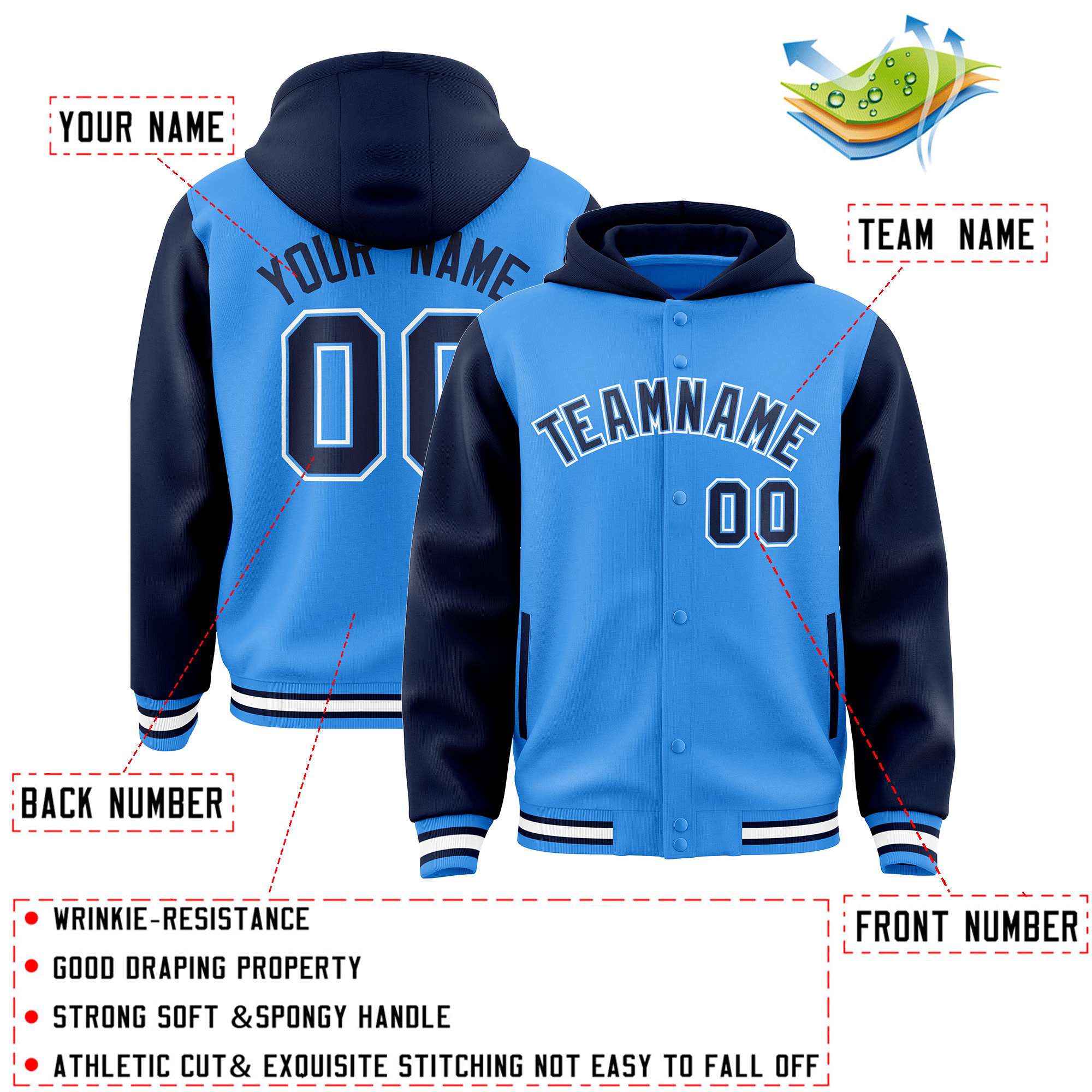 Custom Powder Blue Navy Raglan Sleeves Varsity Full-Snap Letterman Two Tone Jacket Hoodie