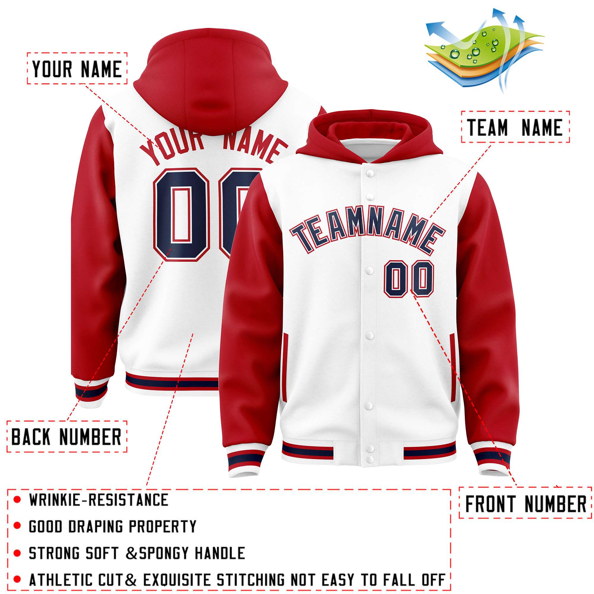 Custom White Red Raglan Sleeves Varsity Full-Snap Letterman Two Tone Jacket Hoodie