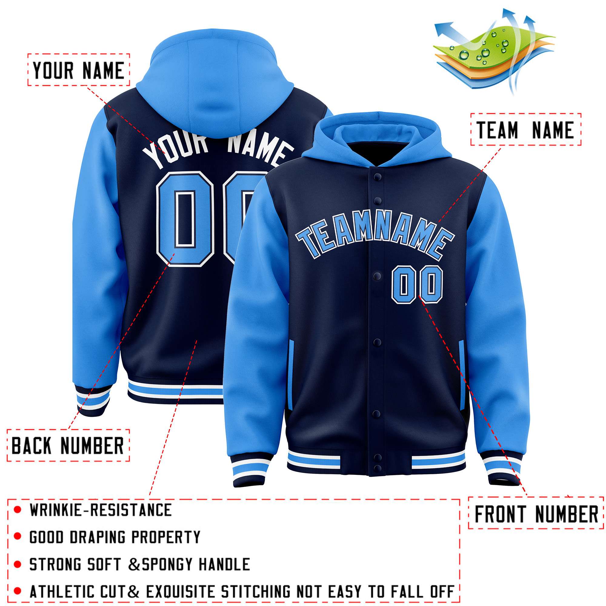 Custom Navy Powder Blue Raglan Sleeves Varsity Full-Snap Letterman Two Tone Jacket Hoodie