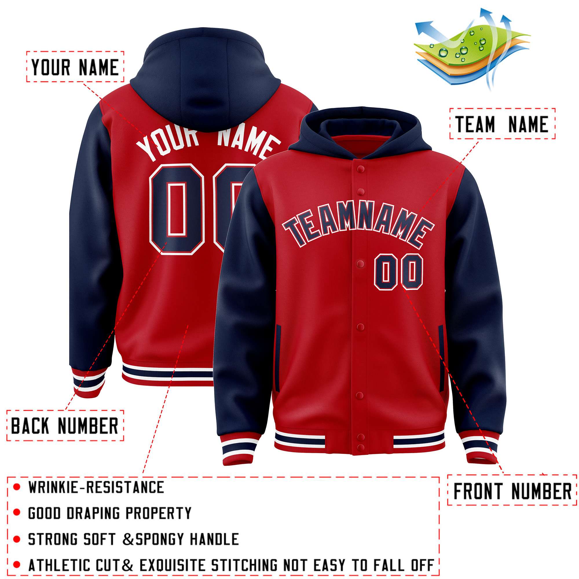 Custom Red Navy Raglan Sleeves Varsity Full-Snap Letterman Two Tone Jacket Hoodie