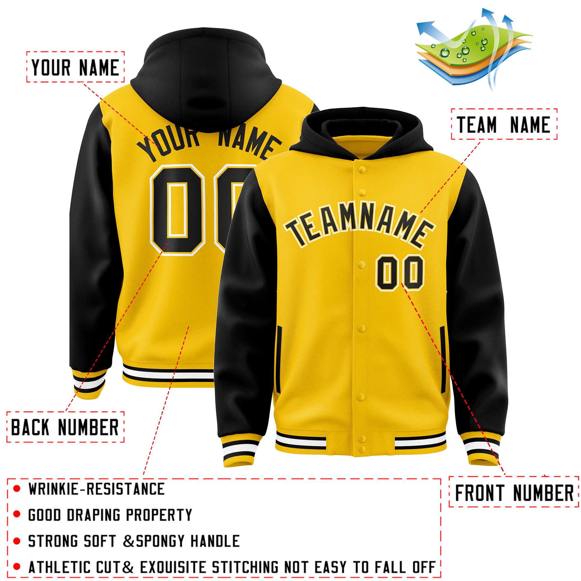 Custom Gold Black Raglan Sleeves Varsity Full-Snap Letterman Two Tone Jacket Hoodie
